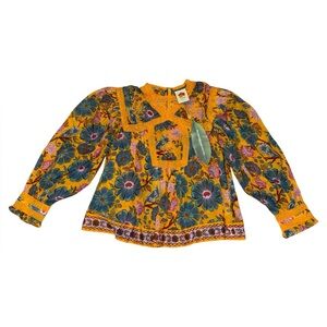 Farm Rio NWT yellow mica short sleeve collared blouse women’s size large